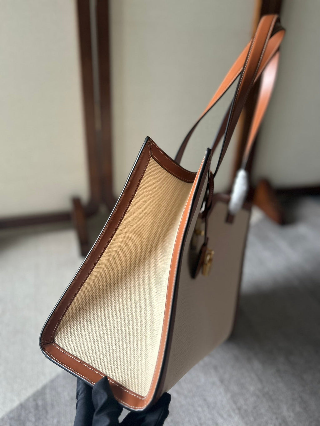 Celine Cabas 37 in White Canvas and Bronze Brown Calfskin Trim Gold Lock Bag
