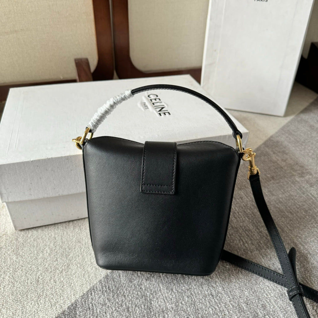 Celine Bucket Mini 13.5 Triomphe Black in Smooth Calfskin