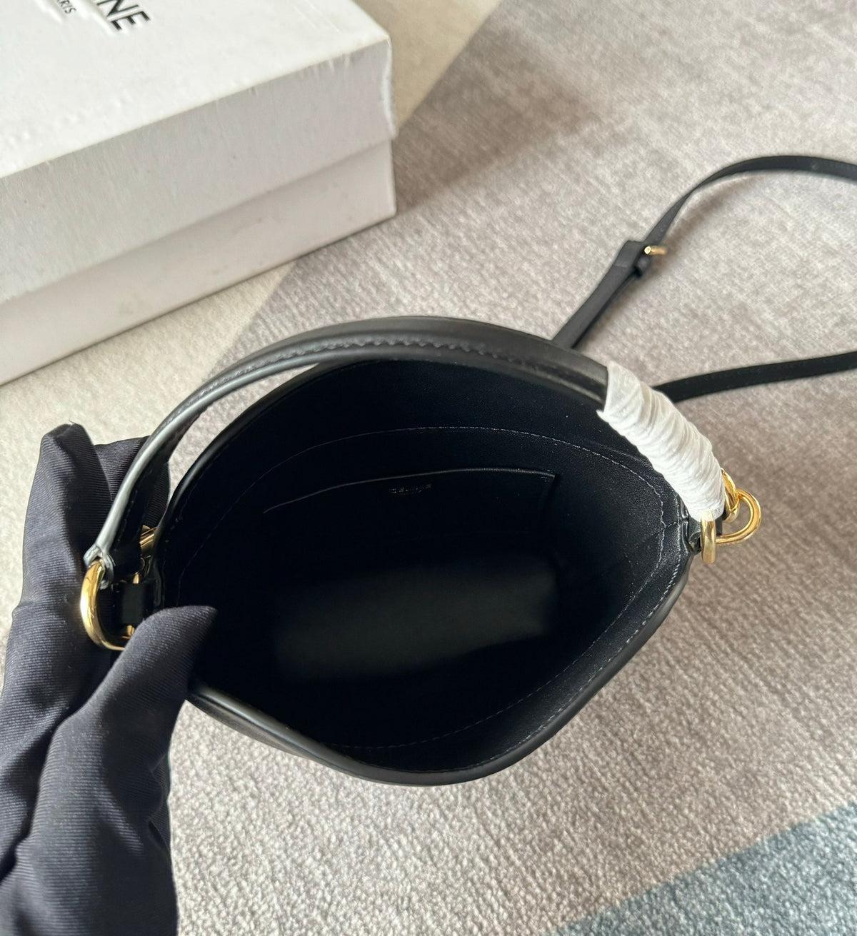 Celine Bucket Mini 13.5 Triomphe Black in Smooth Calfskin