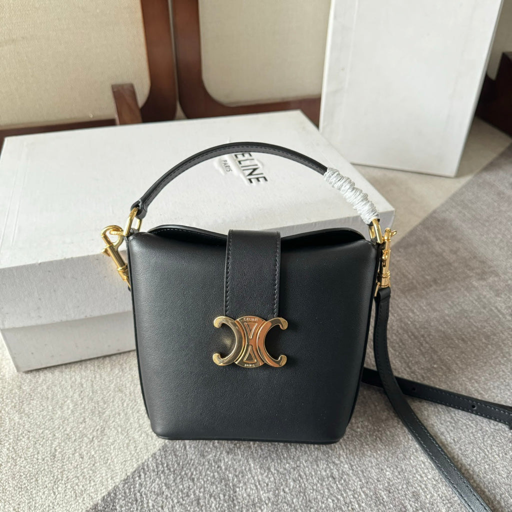 Celine Bucket Mini 13.5 Triomphe Black in Smooth Calfskin