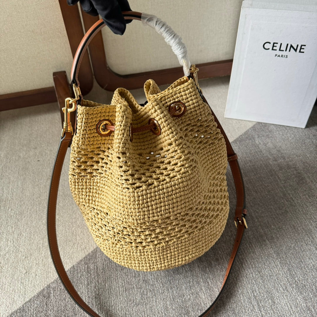 Celine Clara Classic Panier 25 in Beige Raffia and Brown Calfskin Bag
