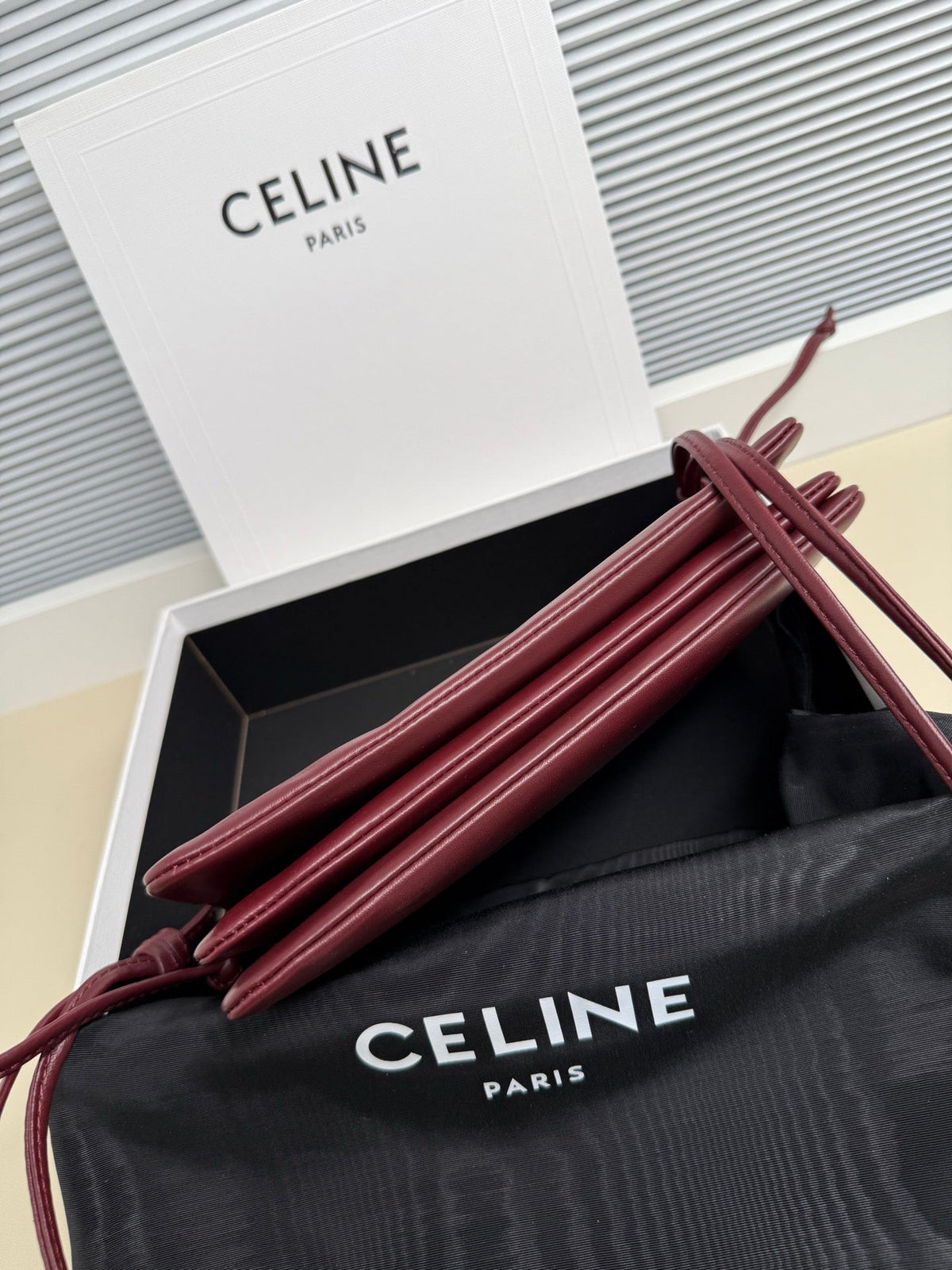 Celine 25S Trio Flap 22mm in Dark Red Smooth Lambskin Gold Hardware Bag