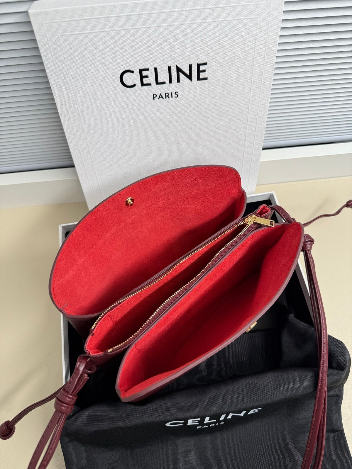 Celine 25S Trio Flap 22mm in Dark Red Smooth Lambskin Gold Hardware Bag