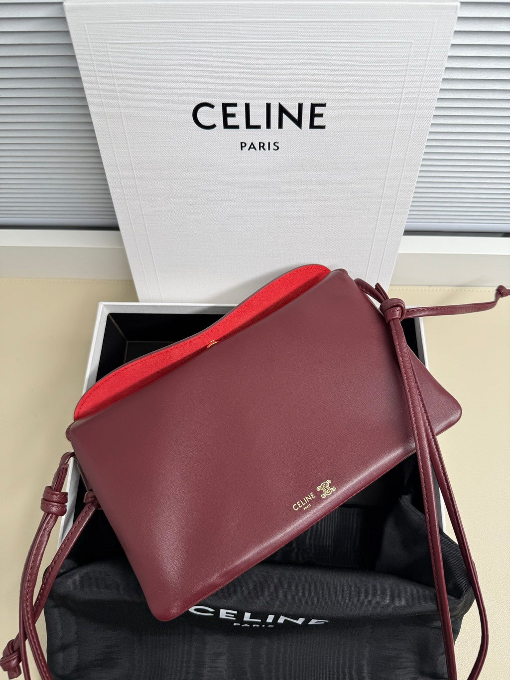 Celine 25S Trio Flap 22mm in Dark Red Smooth Lambskin Gold Hardware Bag