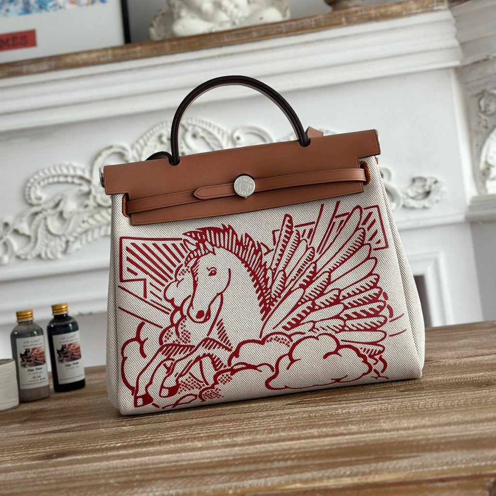 Hermes Herbag Zip 31 Retourne Pegase Pop Bag in Off-White Mix Red Canvas and Hunter Cowhide
