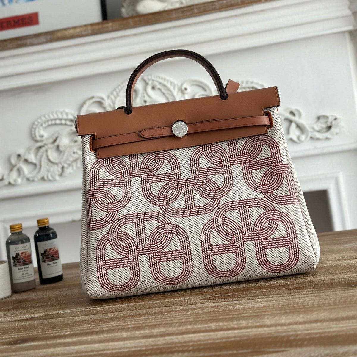 Hermes Herbag Zip 31 Laquered Bag in Off-White Mix Red H Plume Canvas