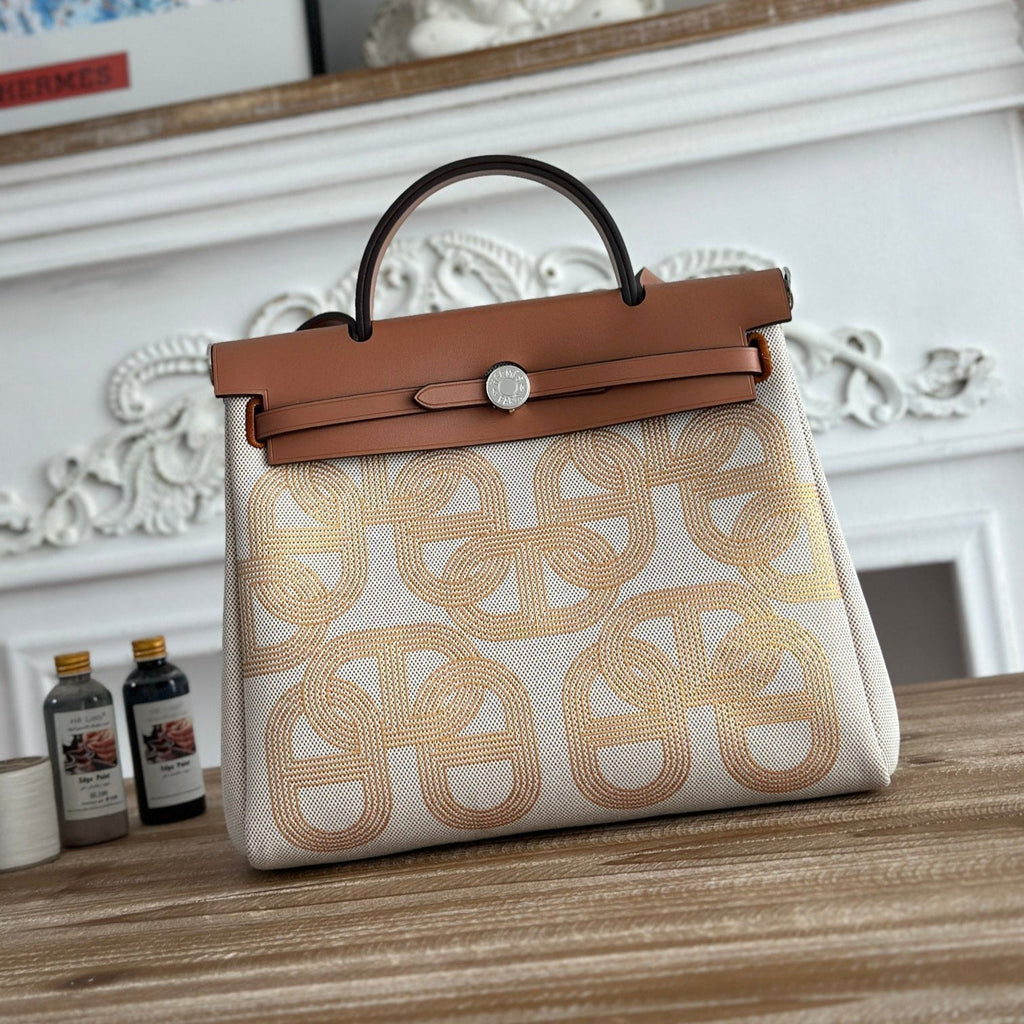 Hermes Herbag Zip 31 Laquered Bag in Off-White Mix Yellow H Plume Canvas