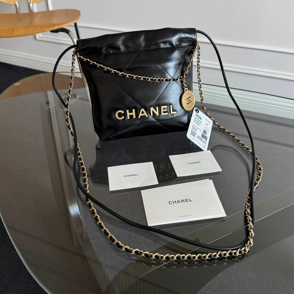 Chanel Mini Hobo Handbag 20 in Black Calfskin Gold-Tone Hardware