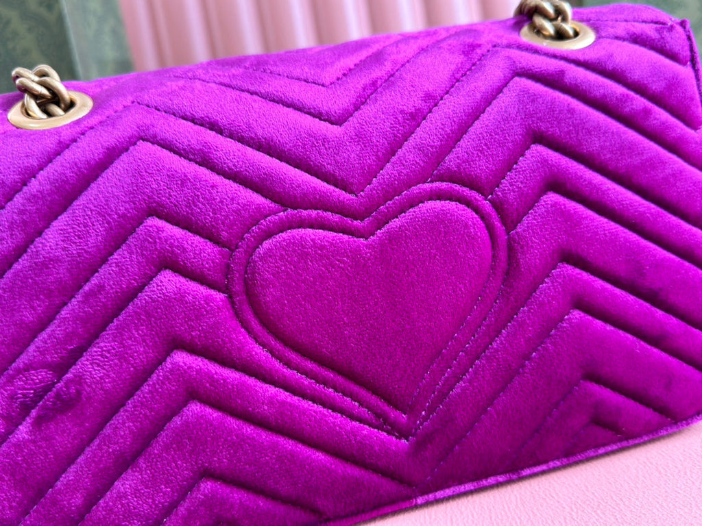 Gucci 25S Marmont 26 cm in Deep Pink Purple Velvet with Gold Hardware Bag