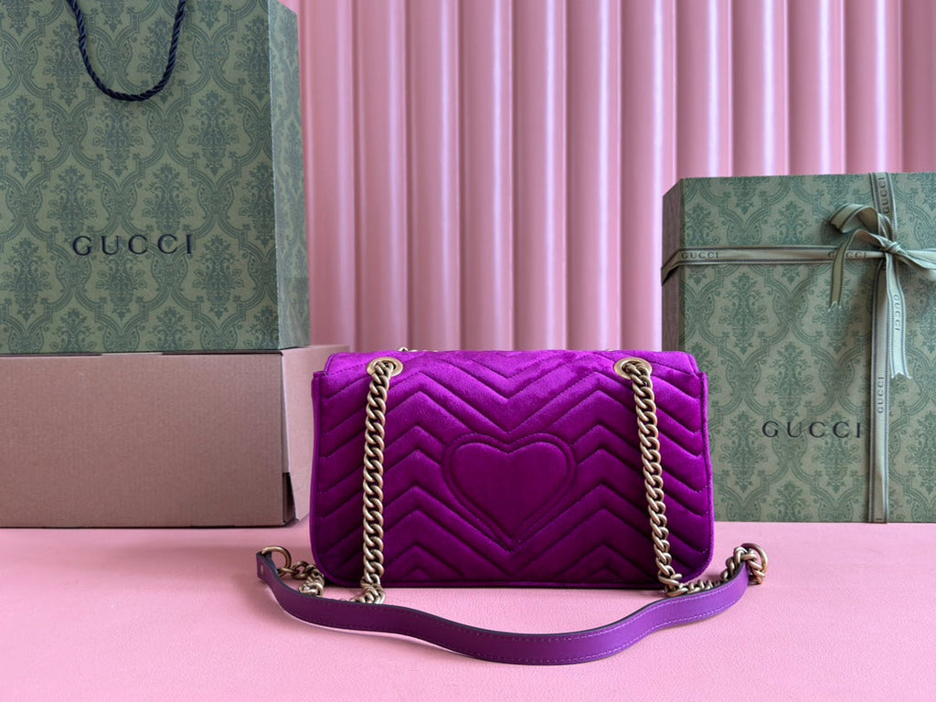 Gucci 25S Marmont 26 cm in Deep Pink Purple Velvet with Gold Hardware Bag
