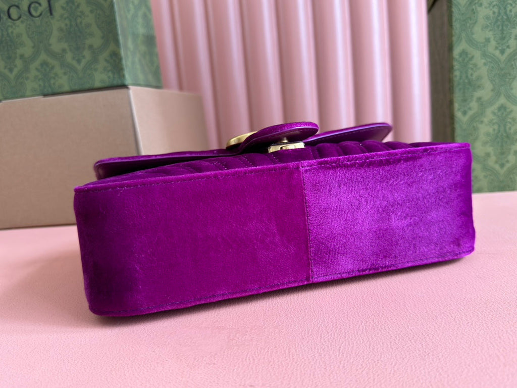 Gucci 25S Marmont 26 cm in Deep Pink Purple Velvet with Gold Hardware Bag