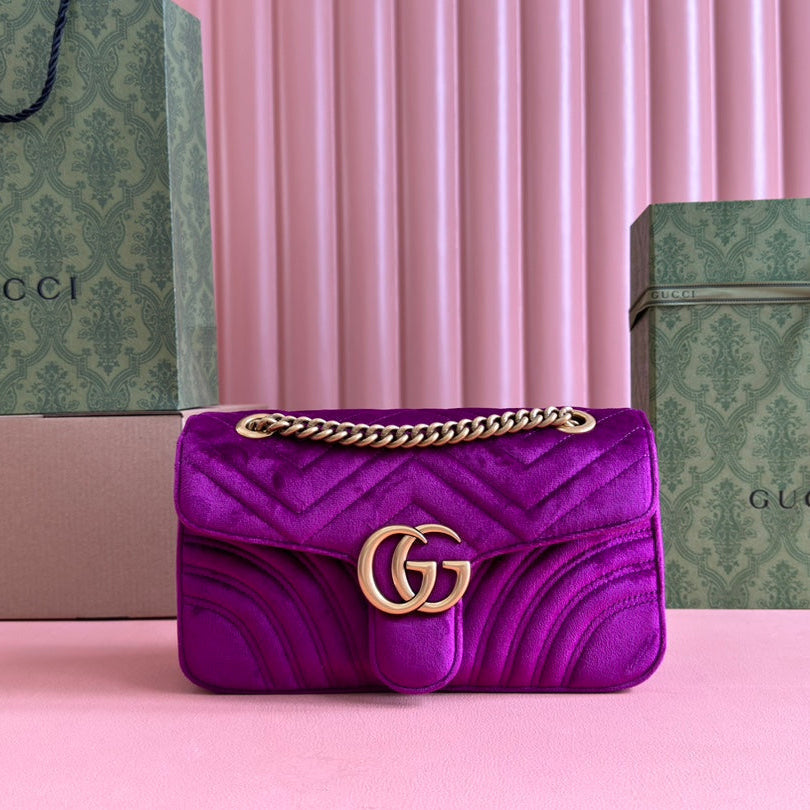 Gucci 25S Marmont 26 cm in Deep Pink Purple Velvet with Gold Hardware Bag