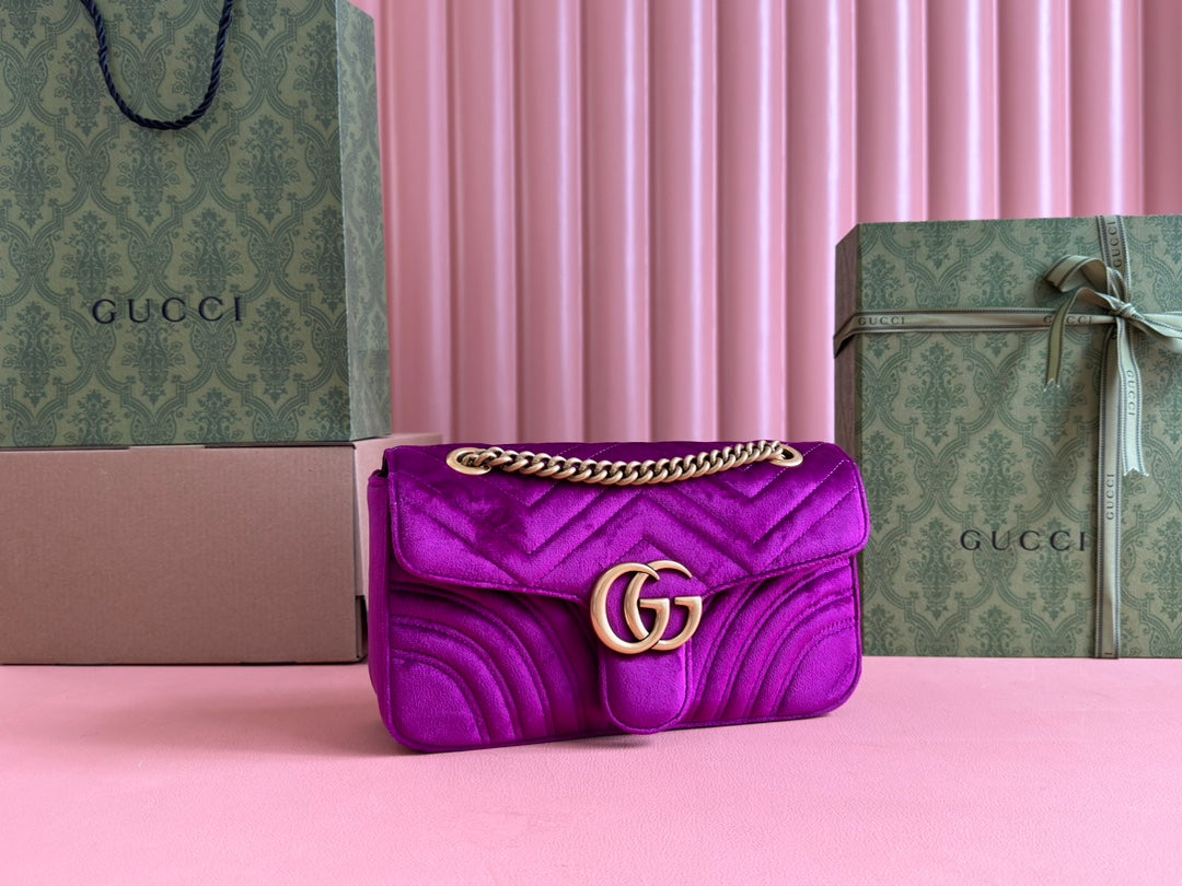Gucci 25S Marmont 26 cm in Deep Pink Purple Velvet with Gold Hardware Bag