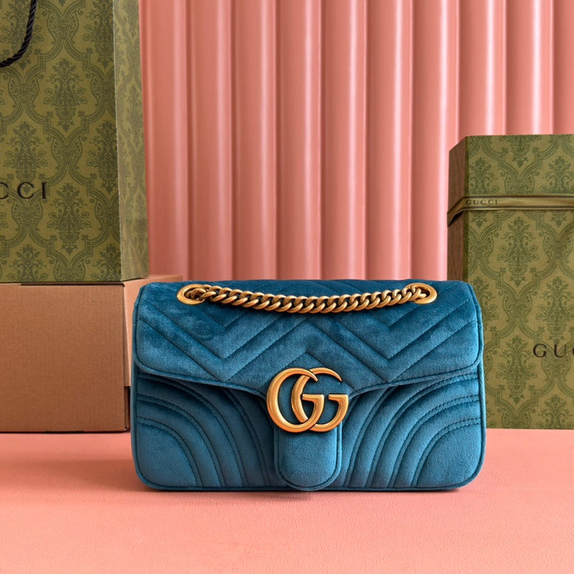 Gucci 25S Marmont 26 cm in Deep Teal Blue Velvet with Gold Hardware Bag