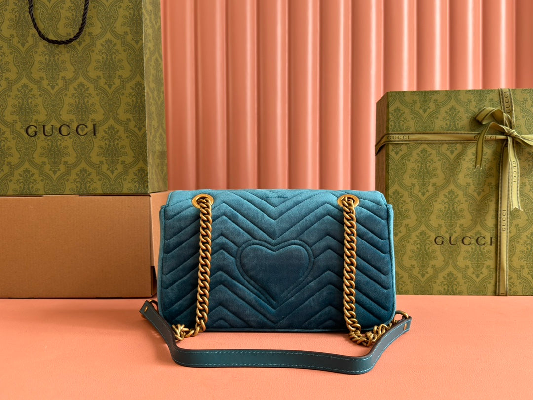 Gucci 25S Marmont 26 cm in Deep Teal Blue Velvet with Gold Hardware Bag