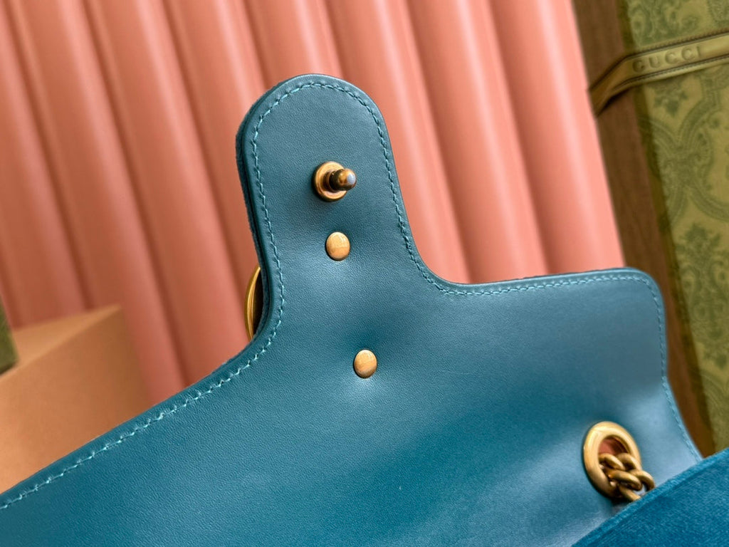 Gucci 25S Marmont 26 cm in Deep Teal Blue Velvet with Gold Hardware Bag