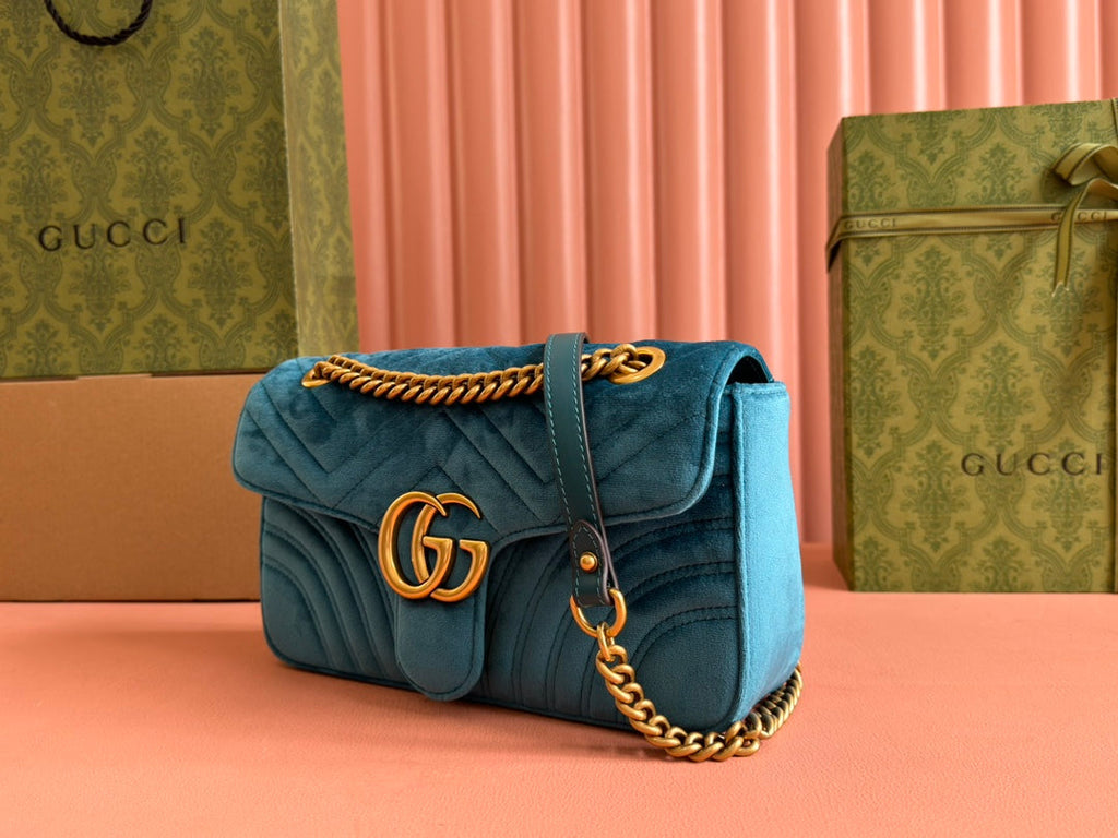Gucci 25S Marmont 26 cm in Deep Teal Blue Velvet with Gold Hardware Bag