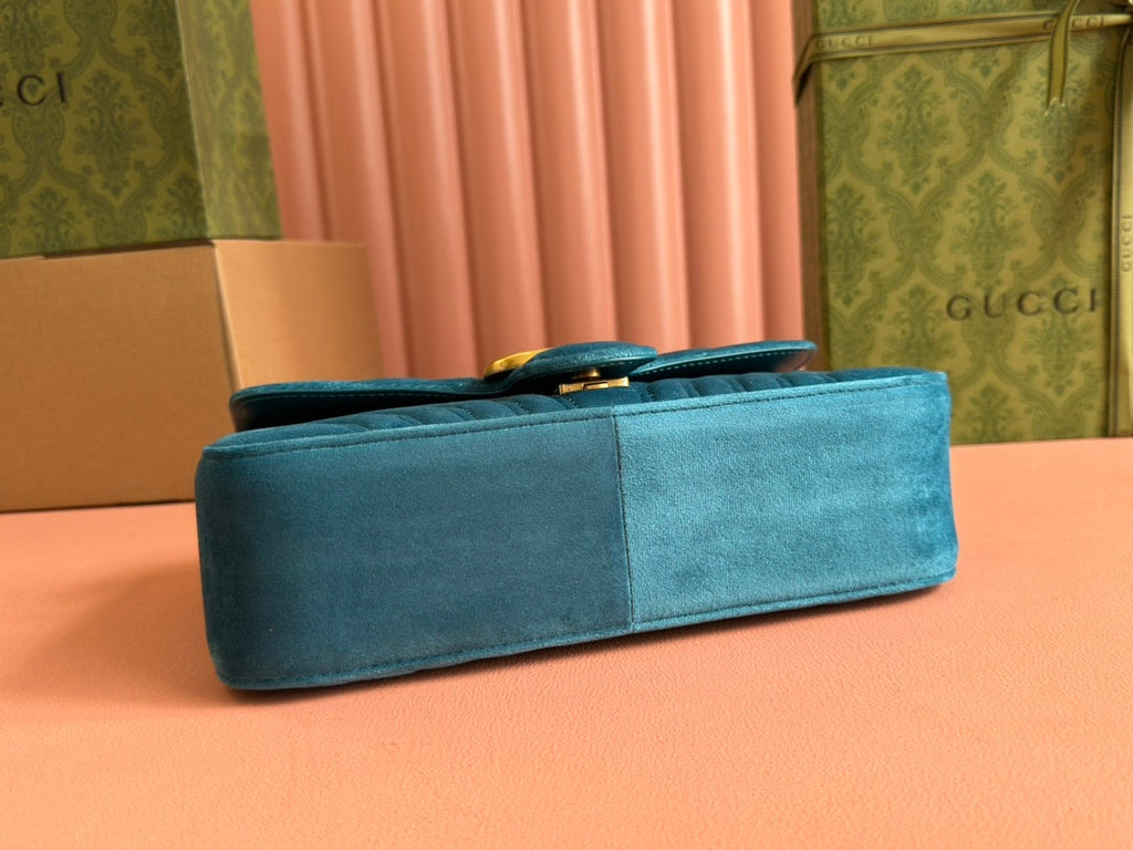 Gucci 25S Marmont 26 cm in Deep Teal Blue Velvet with Gold Hardware Bag