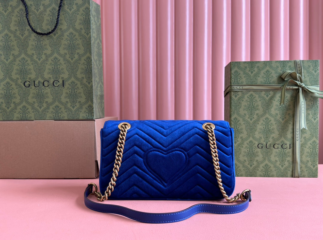 Gucci 25S Marmont 26 cm in Dark Blue Velvet with Gold Hardware Bag