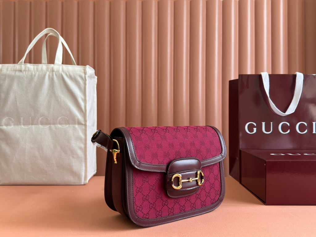 Gucci Horsebit 1955 Shoulder Bag 25 in Wine Red Canvas and Calfskin Gold Hardware