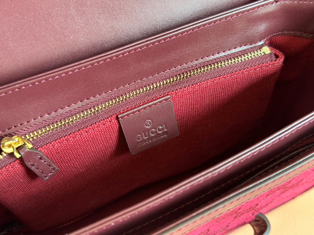 Gucci Horsebit 1955 Shoulder Bag 25 in Wine Red Canvas and Calfskin Gold Hardware