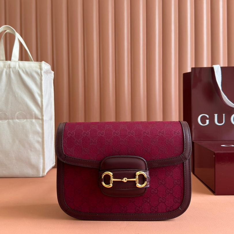 Gucci Horsebit 1955 Shoulder Bag 25 in Wine Red Canvas and Calfskin Gold Hardware