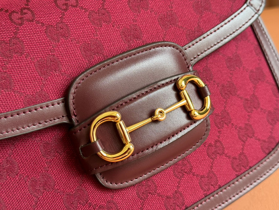 Gucci Horsebit 1955 Shoulder Bag 25 in Wine Red Canvas and Calfskin Gold Hardware
