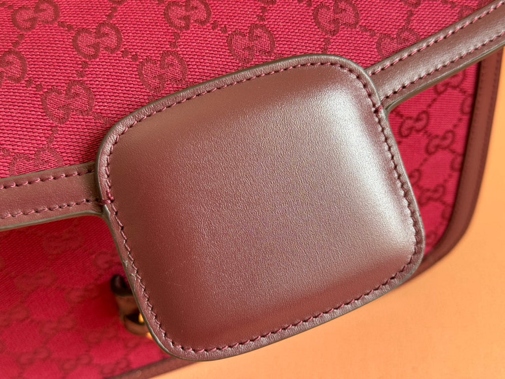 Gucci Horsebit 1955 Shoulder Bag 25 in Wine Red Canvas and Calfskin Gold Hardware