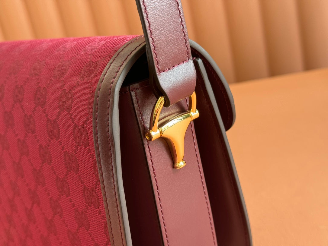 Gucci Horsebit 1955 Shoulder Bag 25 in Wine Red Canvas and Calfskin Gold Hardware
