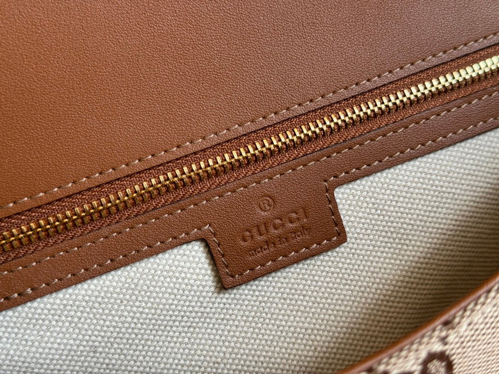 Gucci Blondie Large Top Handle Bag 32 in Beige and Dark Brown Canvas Brown Calfskin