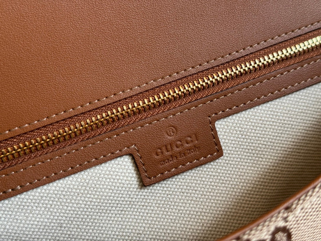 Gucci Blondie Large Top Handle Bag 32 in Beige and Dark Brown Canvas Brown Calfskin