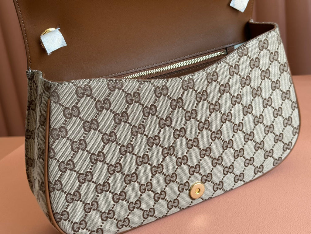 Gucci Blondie Large Top Handle Bag 32 in Beige and Dark Brown Canvas Brown Calfskin