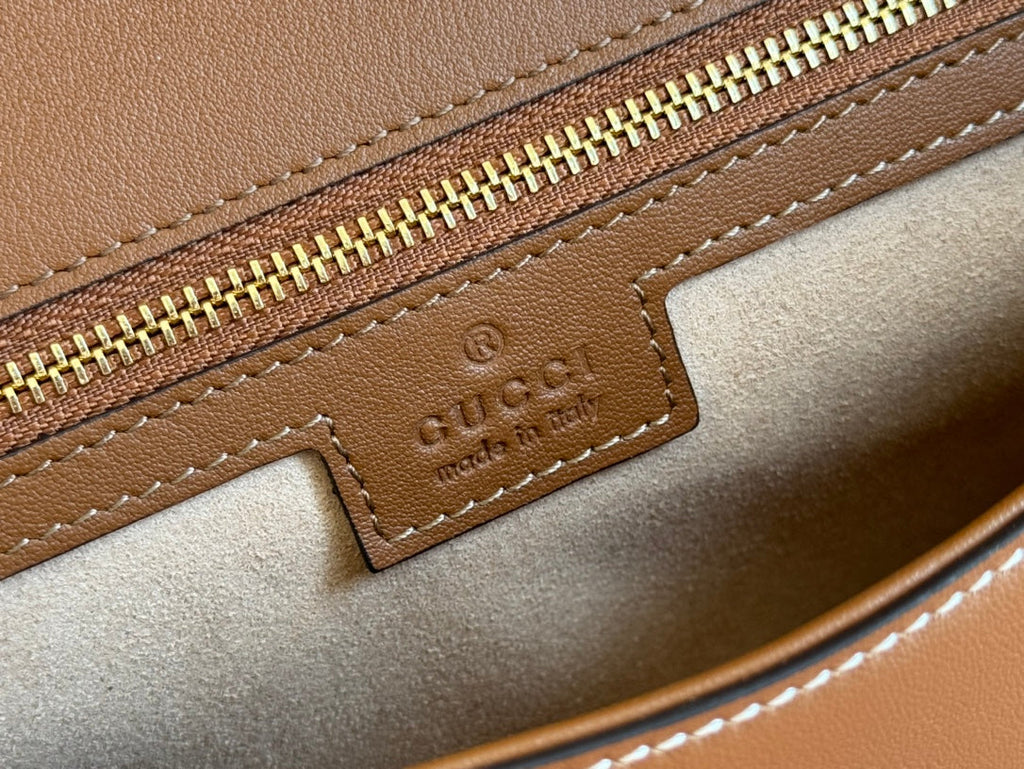 Gucci Blondie Large Top Handle Bag 32 in Natural Cotton Linen Canvas Brown Calfskin