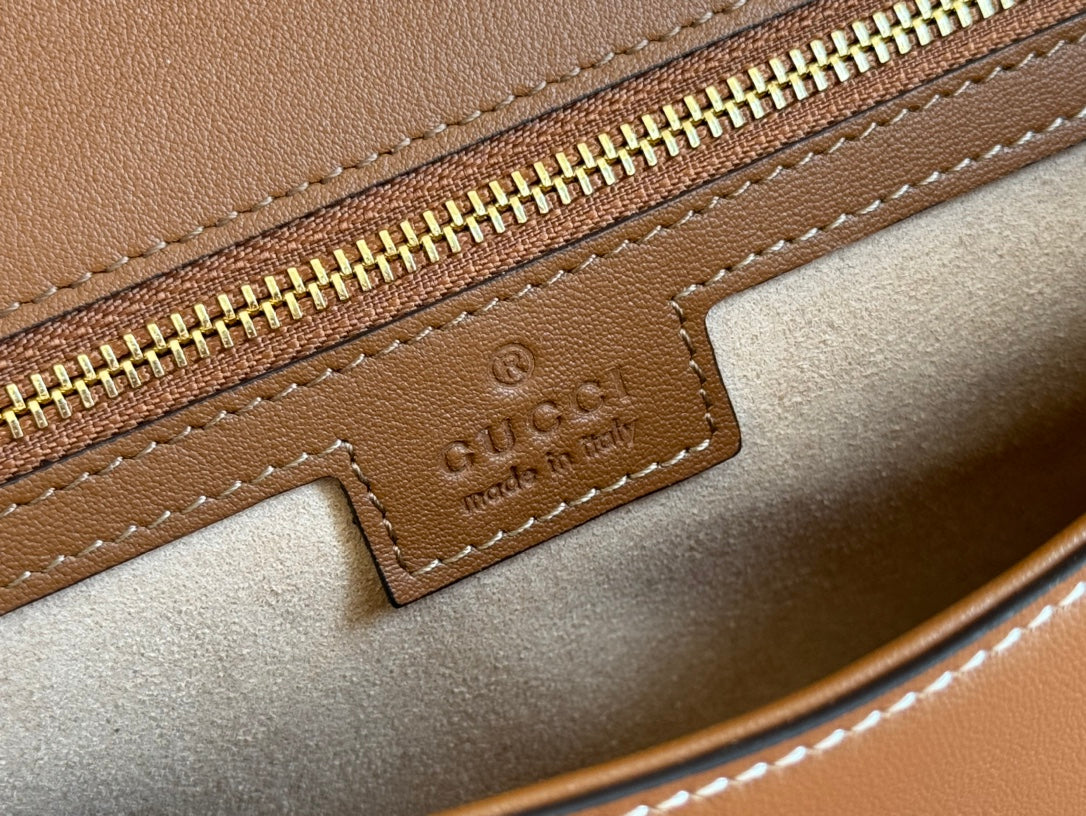 Gucci Blondie Large Top Handle Bag 32 in Natural Cotton Linen Canvas Brown Calfskin