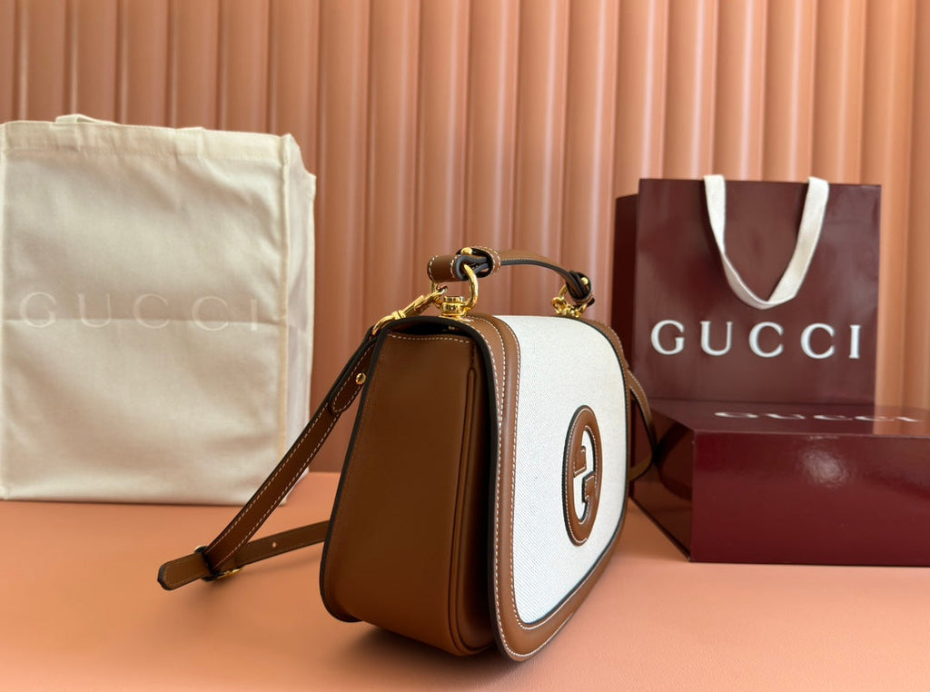 Gucci Blondie Large Top Handle Bag 32 in Natural Cotton Linen Canvas Brown Calfskin
