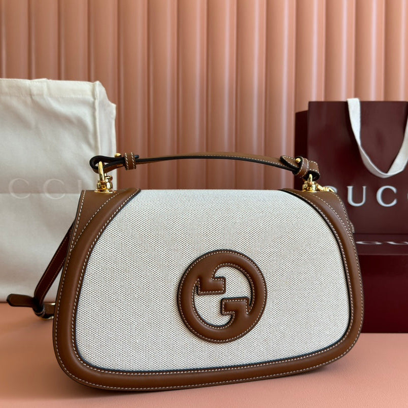 Gucci Blondie Large Top Handle Bag 32 in Natural Cotton Linen Canvas Brown Calfskin