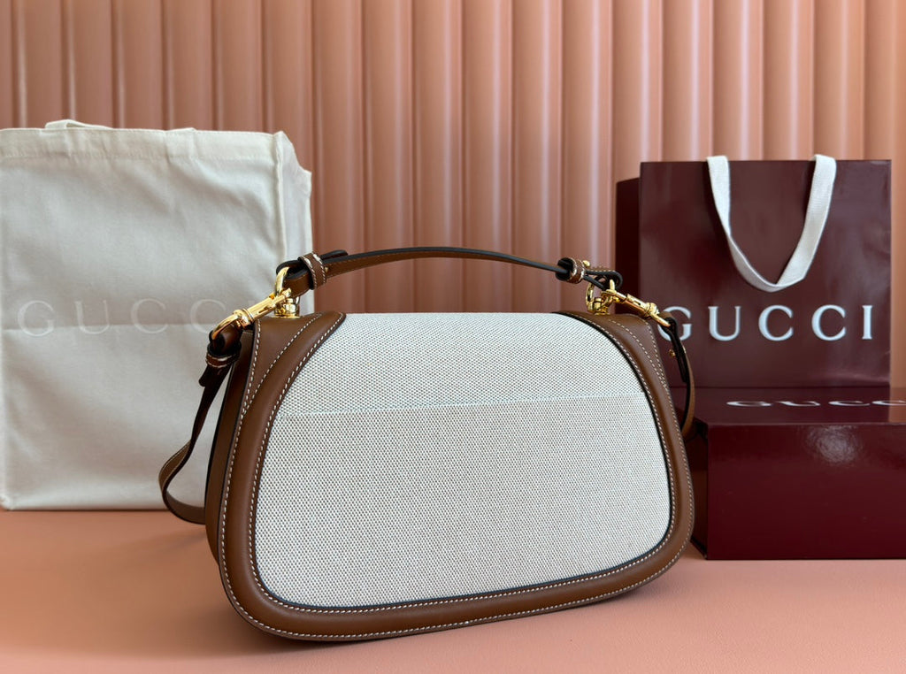 Gucci Blondie Large Top Handle Bag 32 in Natural Cotton Linen Canvas Brown Calfskin