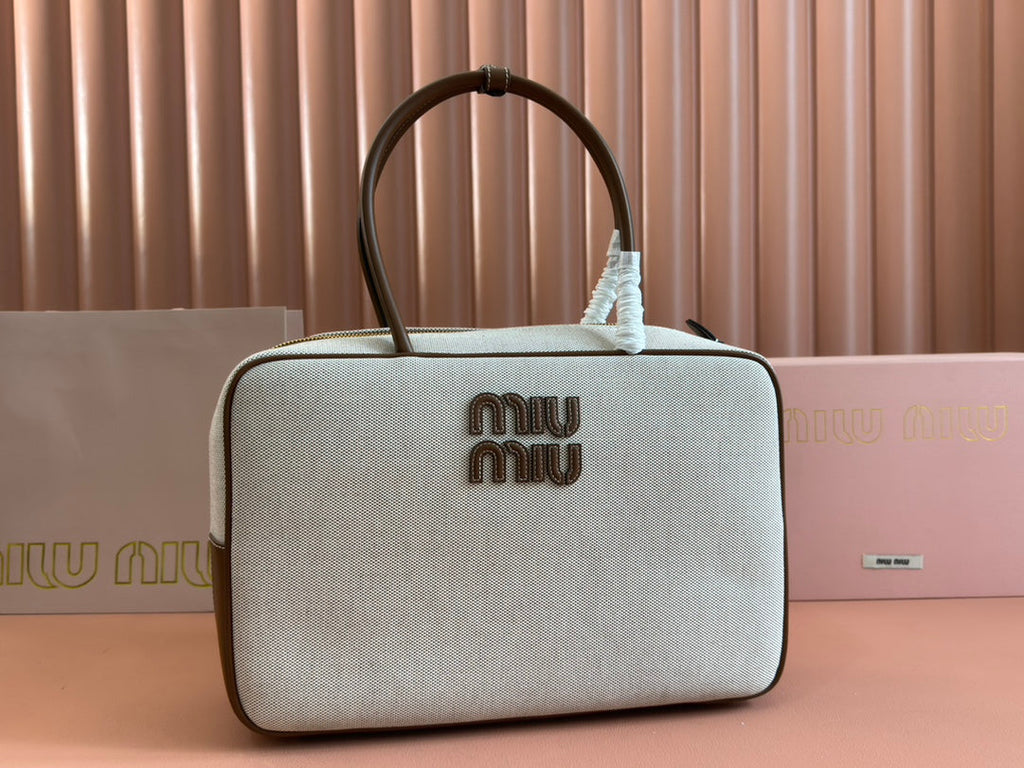 Beau Top Handle Bag 34 in White Canvas and Walnut Brown Calfskin Trim