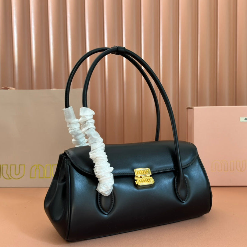 Beau Top Handle Bag 28 in Black Glossy Calfskin Gold Hardware