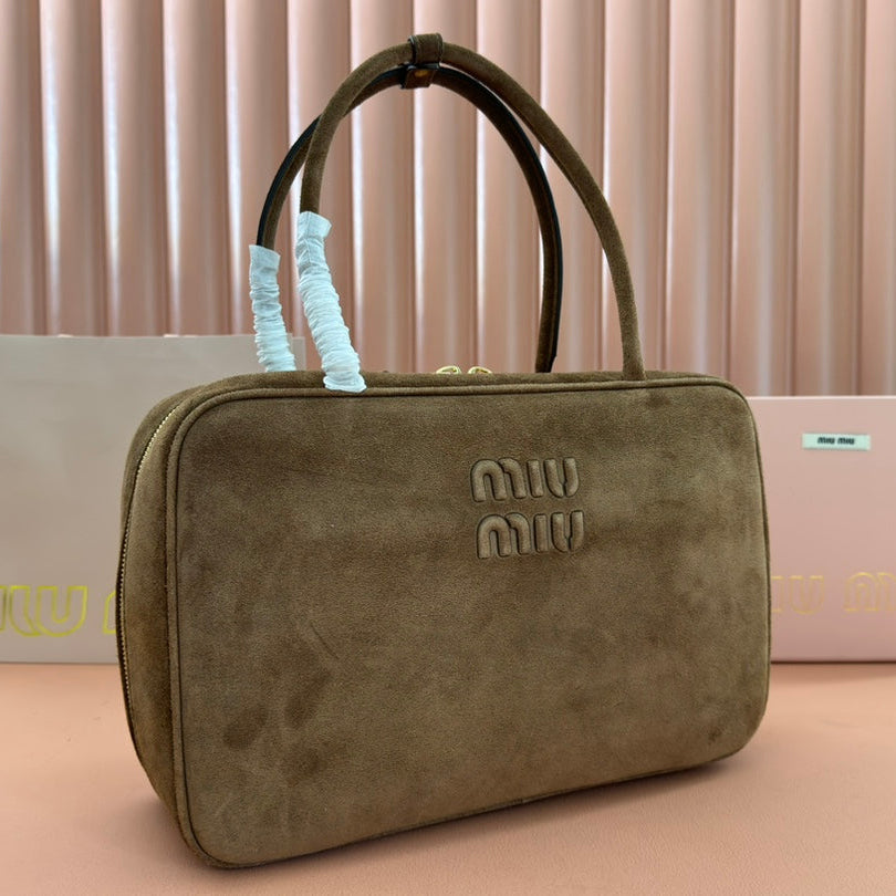 Beau Top Handle Bag 34 in Coffee Brown Suede Embossed Logo