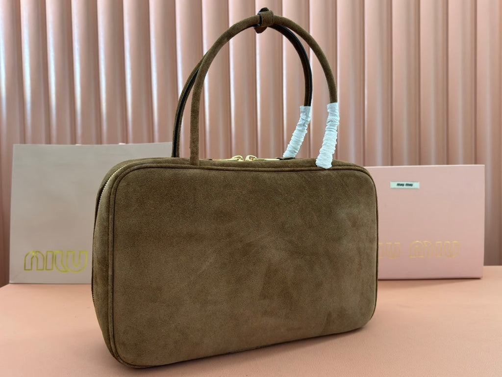 Beau Top Handle Bag 34 in Coffee Brown Suede Embossed Logo