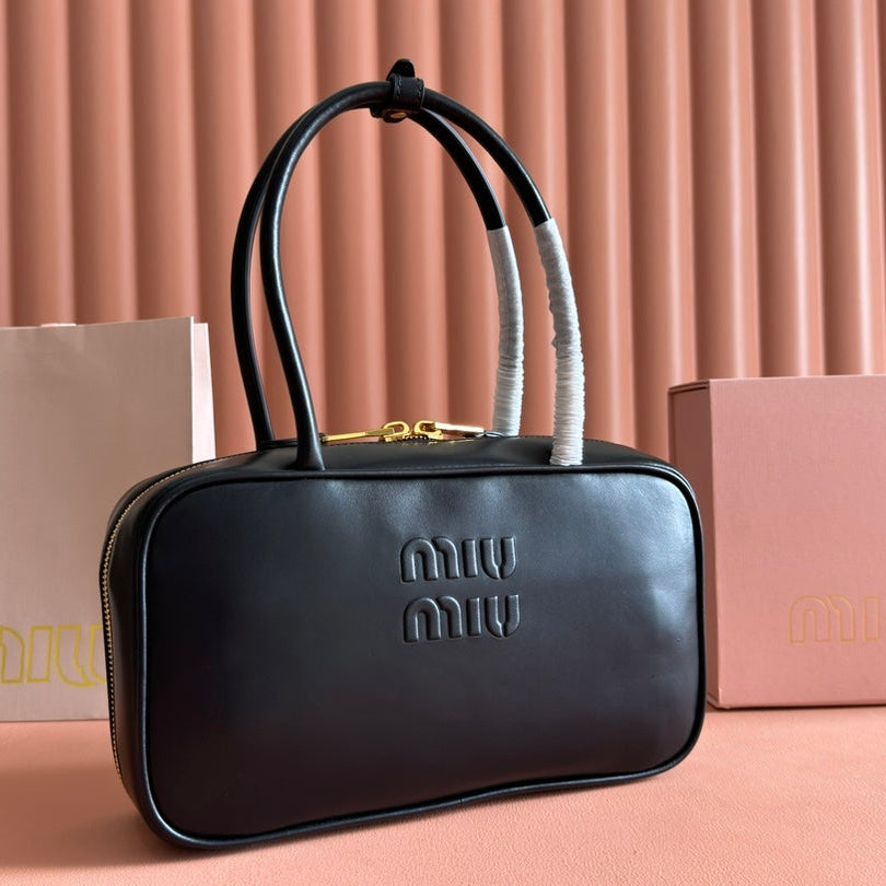 Beau Top Handle Bag 29 in Black Glossy Calfskin