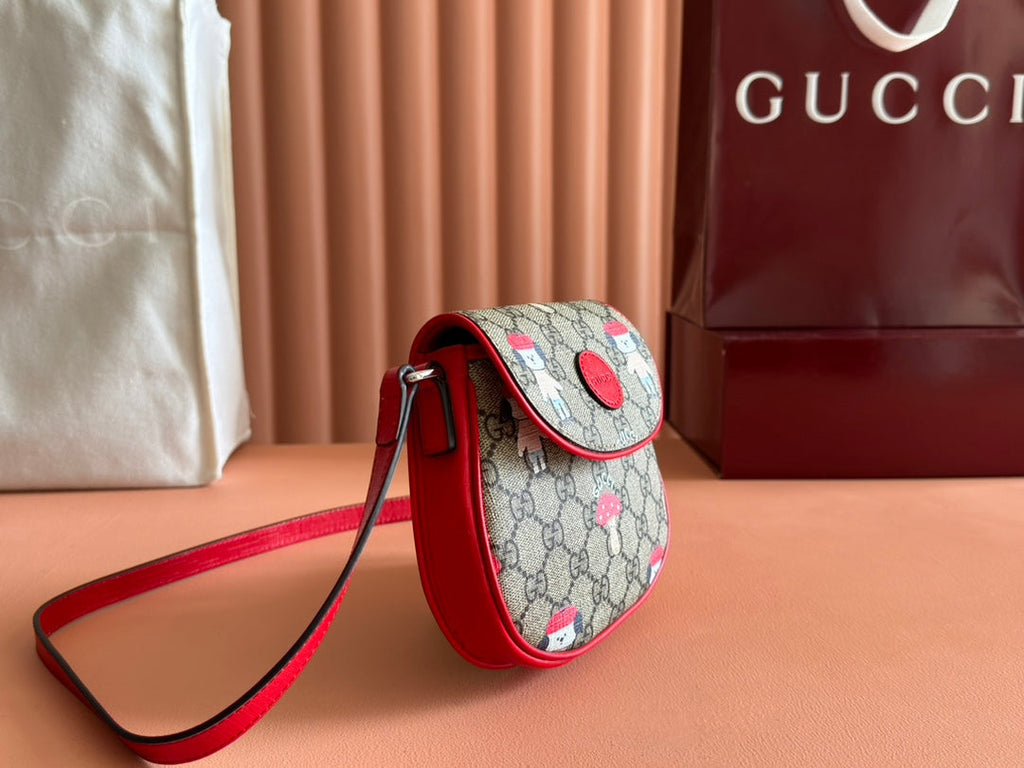 Gucci Children's Printed Shoulder Bag in Beige and Dark Brown Canvas Red Trim
