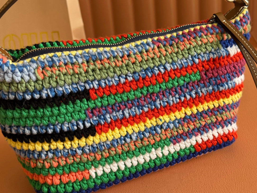 Crochet Shoulder Bag 25.5 Colorful Wool with Brown Strap Calfskin