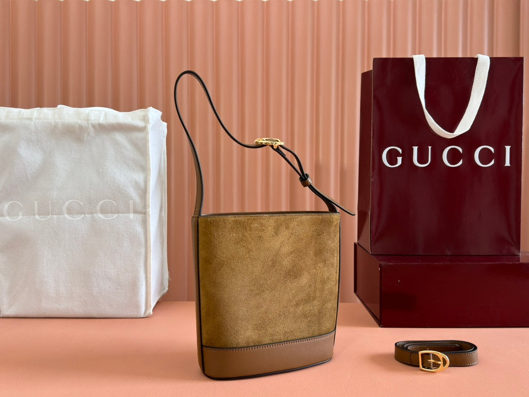 Gucci 73 Small Bucket Bag 20 in Brown Soft Suede and Calfskin