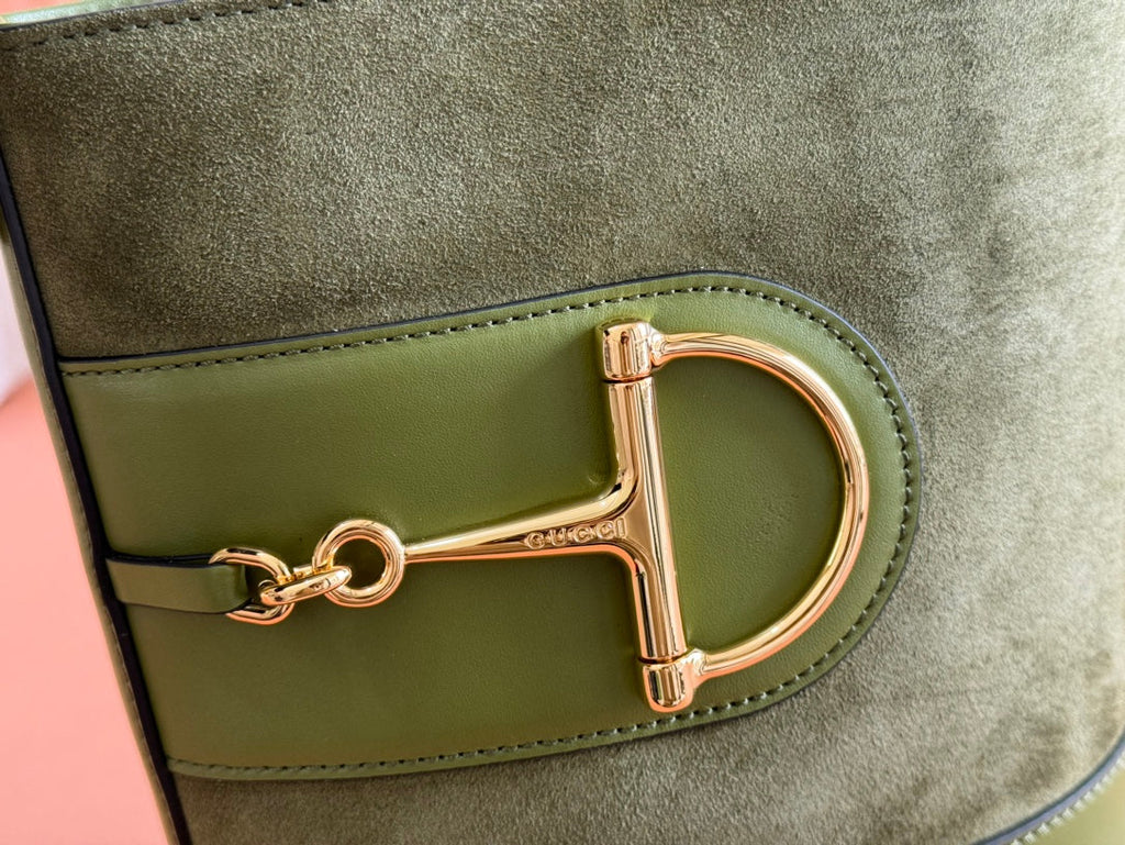 Gucci 73 Small Bucket Bag 20 in Green Soft Suede and Calfskin