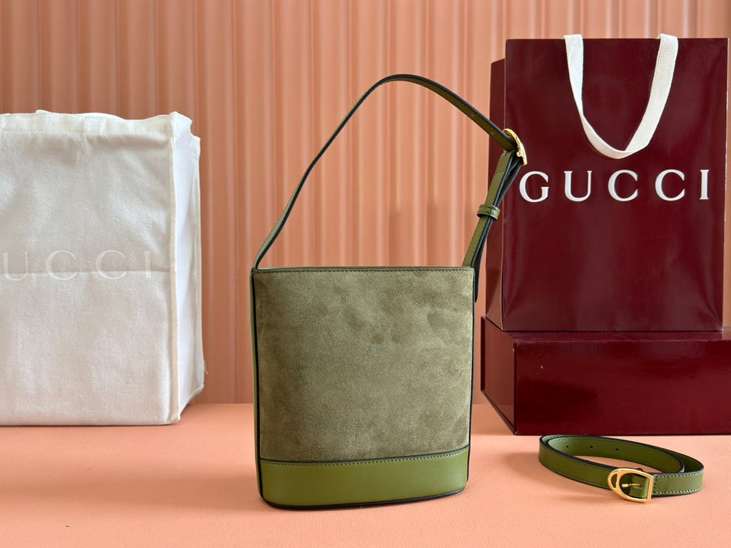 Gucci 73 Small Bucket Bag 20 in Green Soft Suede and Calfskin