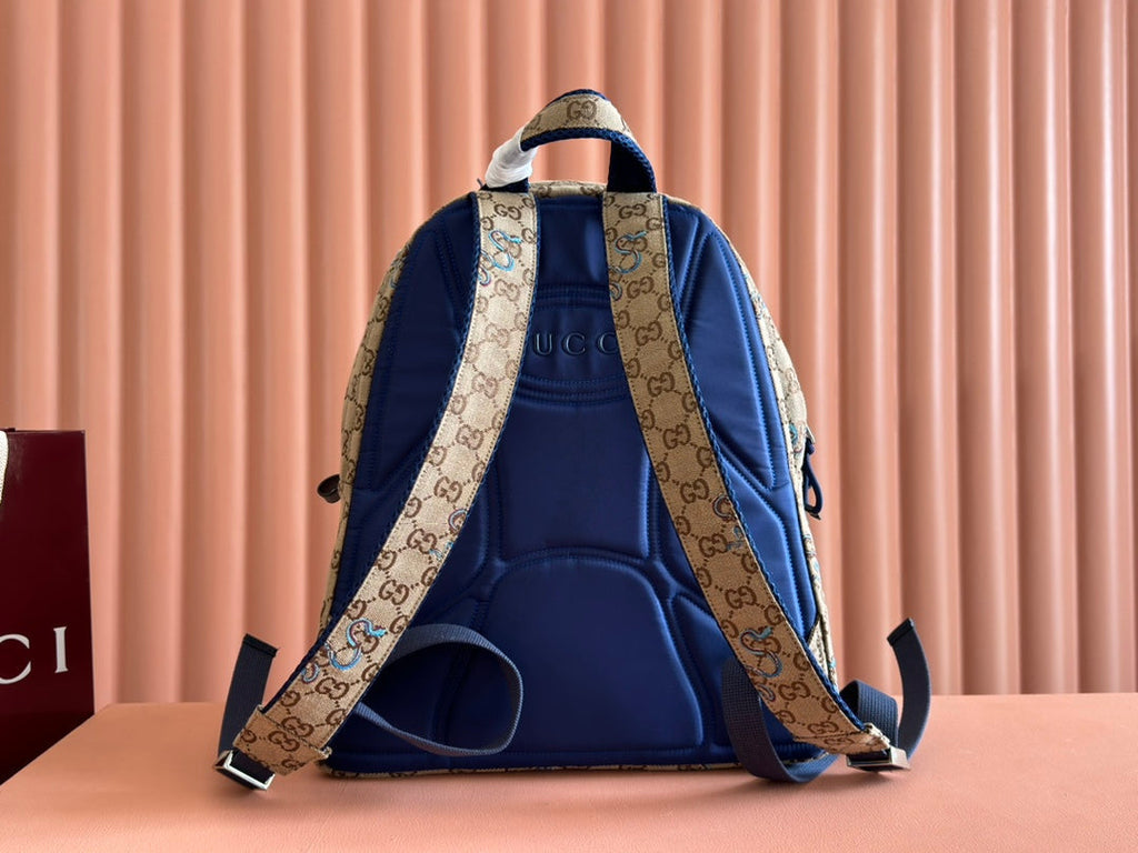 Gucci Backpack 40 in Beige and Brown Canvas Blue Snake Embroidery