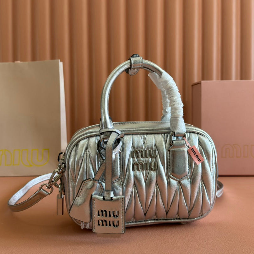 Arcadie Matelassé Nappa Small Bag 19 in Silver Glossy Lambskin Silver Hardware