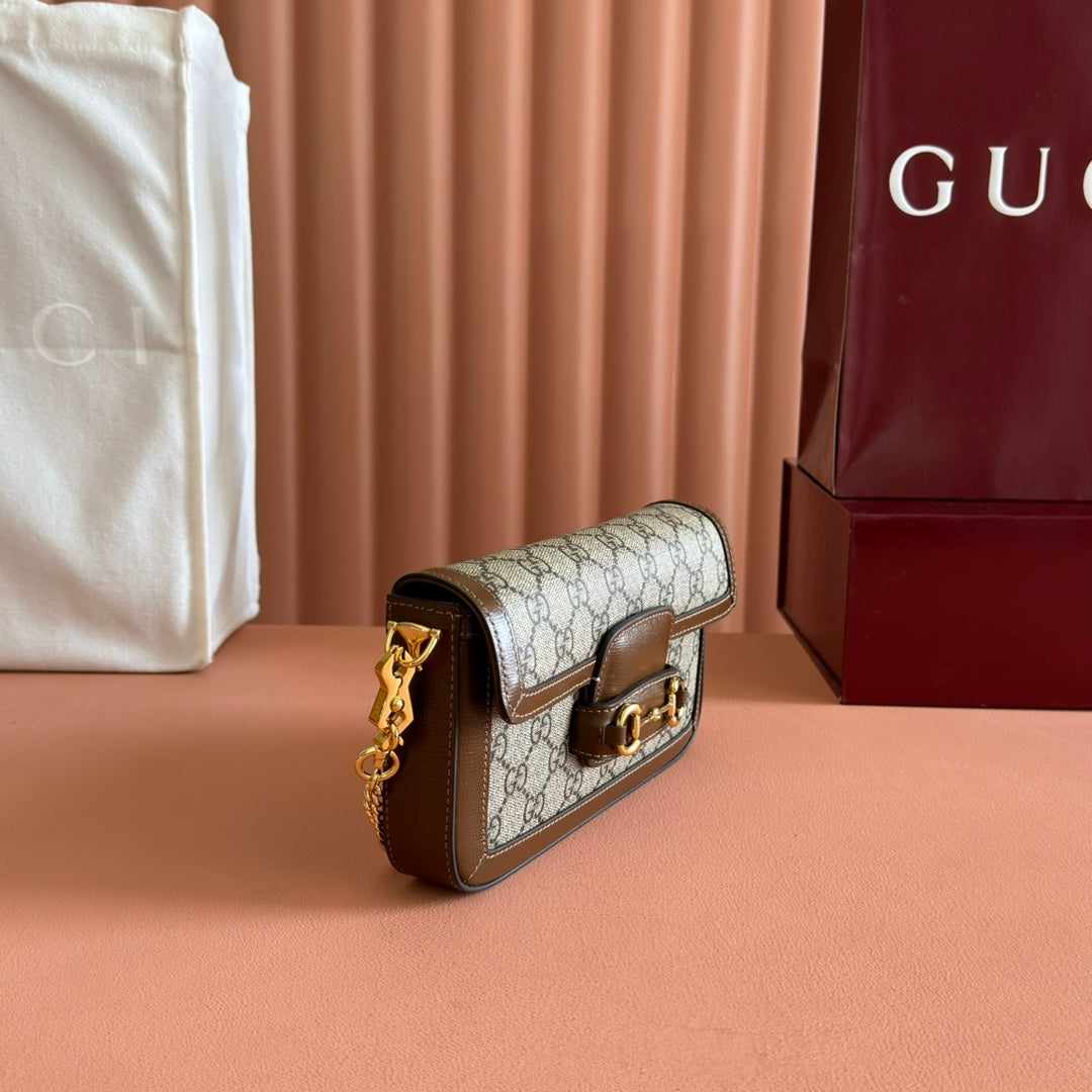Gucci Horsebit 1955 Small 21.5 in Beige Ebony Supreme Brown Calfskin Gold Hardware Bag